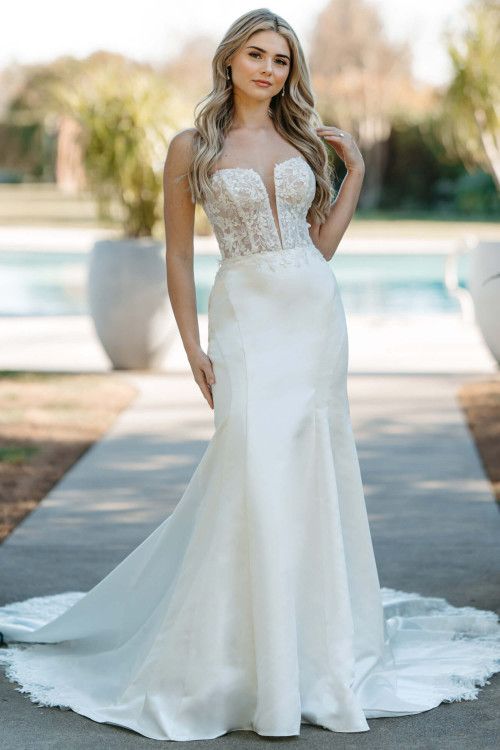 Strapless floral lace bodice with plunging neckline and satin skirt Strapless floral lace bodice with plunging neckline and satin skirt