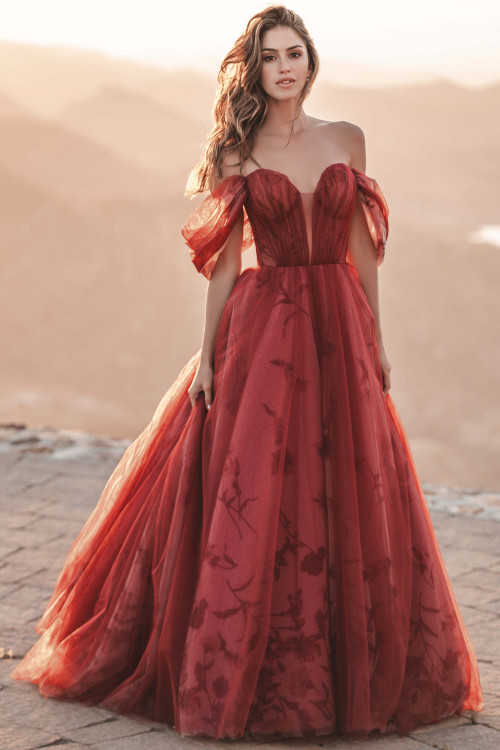 Front view of Allure Bridals A1206 floral tulle A-line wedding dress in wine red