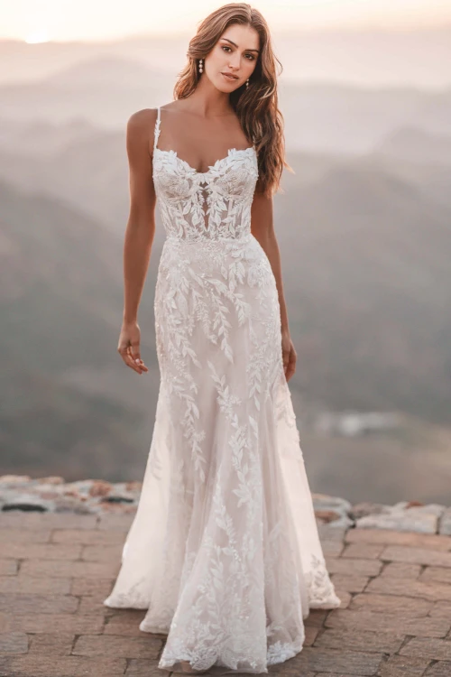 Front view of Allure Bridals A1218 fitted lace wedding dress