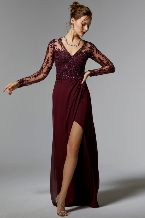Front view of Morilee 72906 bordeaux mother dress with beaded lace bodice