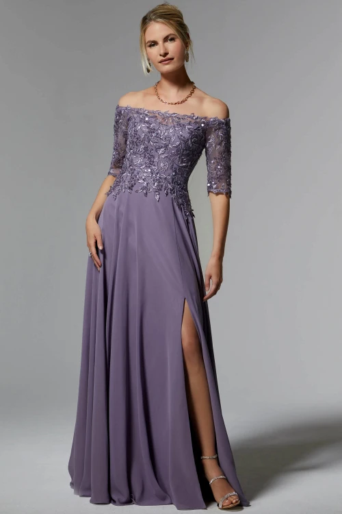 Front view of lavender Morilee 72907 chiffon mother dress with beaded bodice