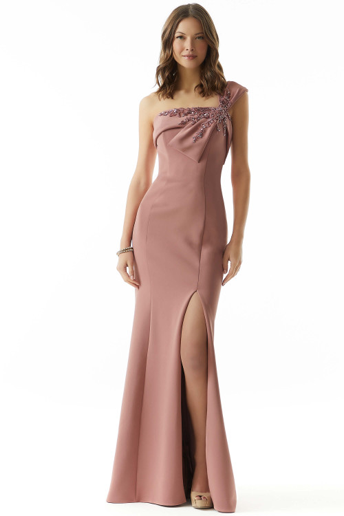 Front view of rosewood Morilee 73002 one-shoulder mother dress with crystal beading