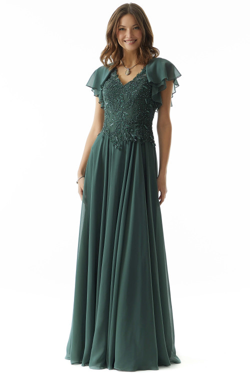 Front view of spruce Morilee 73016 chiffon mother dress with flutter sleeves