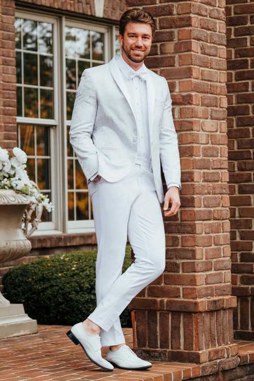 silver paisley slim fit tuxedo jacket with white pants silver paisley slim fit tuxedo jacket with white pants