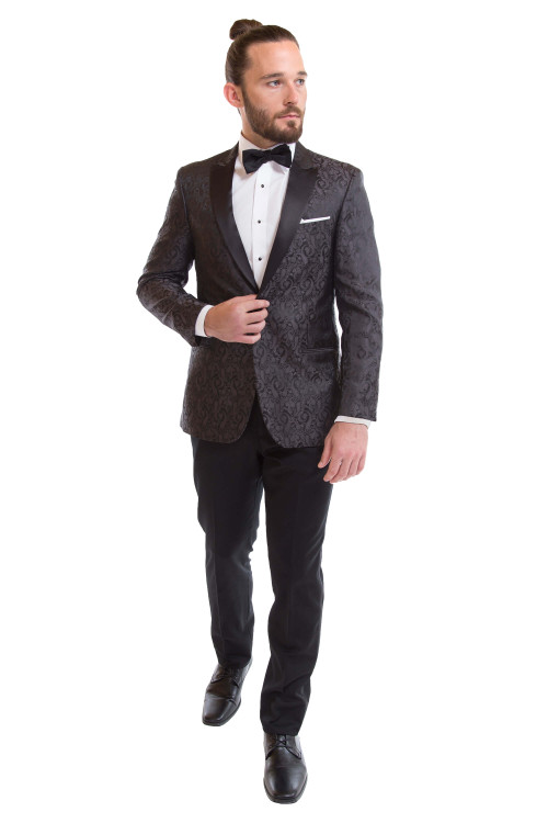 Charcoal Paisley slim-fit tuxedo jacket with black pants Charcoal Paisley slim-fit tuxedo jacket with black pants