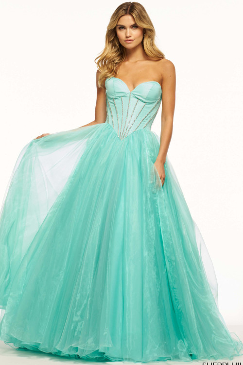 ballgown with strapless neckline and rhinestone corset bodice ballgown with strapless neckline and rhinestone corset bodice