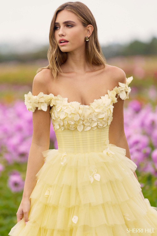 Sherri Hill Romantic Off-The-Shoulder Floral Tulle Ballgown Sherri Hill Romantic Off-The-Shoulder Floral Tulle Ballgown