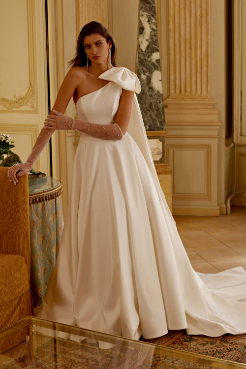 Mikado A-line bridal gown with one-shoulder neckline Mikado A-line bridal gown with one-shoulder neckline