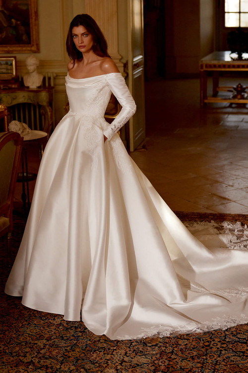Royal Mikado A-Line Gown with Lace and Long Sleeves Royal Mikado A-Line Gown with Lace and Long Sleeves
