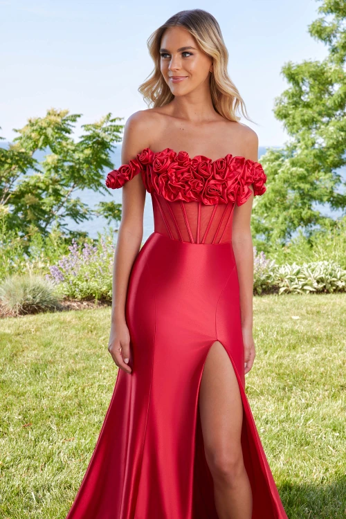 Red Paparazzi 49171 prom dress, front view, with floral neckline and slit