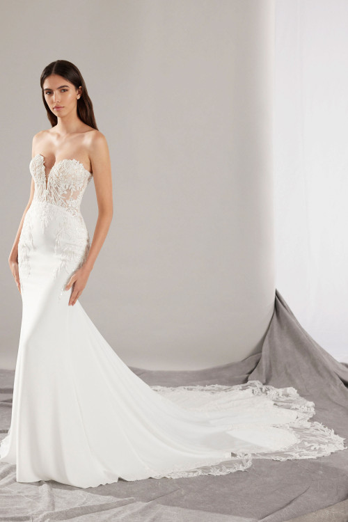 Strapless fitted gown with illusion lace bodice and a stunning scalloped lace train Strapless fitted gown with illusion lace bodice and a stunning scalloped lace train