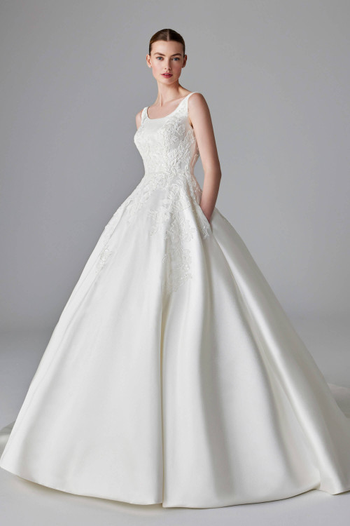 Regal ball gown with embroidered bodice, scoop neckline, and full satin skirt with hidden pockets Regal ball gown with embroidered bodice, scoop neckline, and full satin skirt with hidden pockets