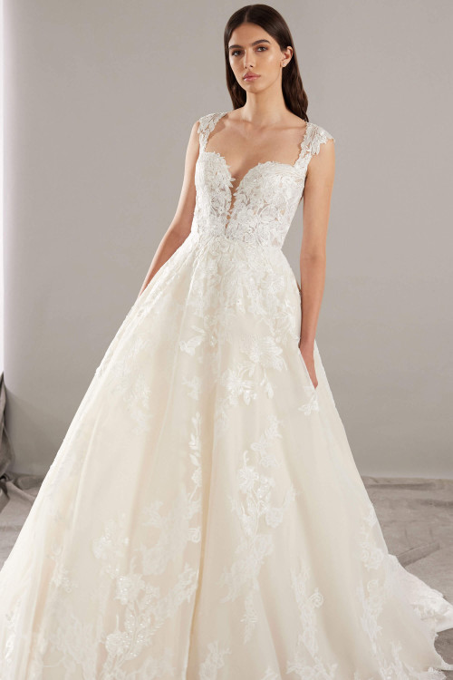 Romantic lace gown with illusion plunge neckline, floral embroidery, and soft A-line silhouette Romantic lace gown with illusion plunge neckline, floral embroidery, and soft A-line silhouette
