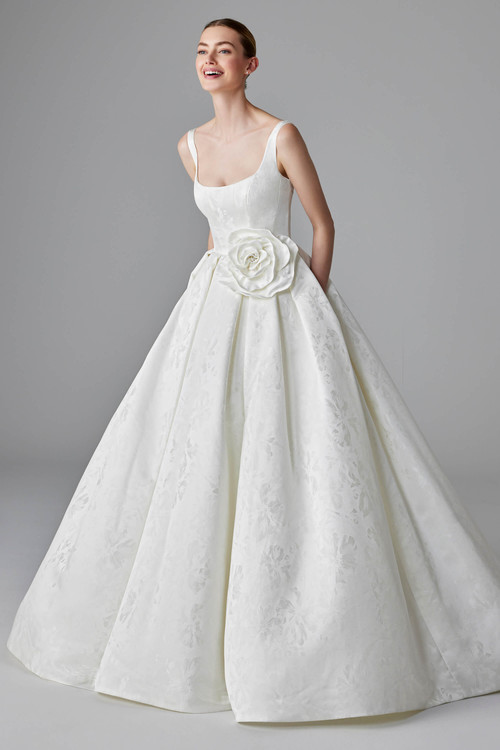 Chic Jacquard ball gown with a scoop neckline and oversized floral accent at the waist Chic Jacquard ball gown with a scoop neckline and oversized floral accent at the waist