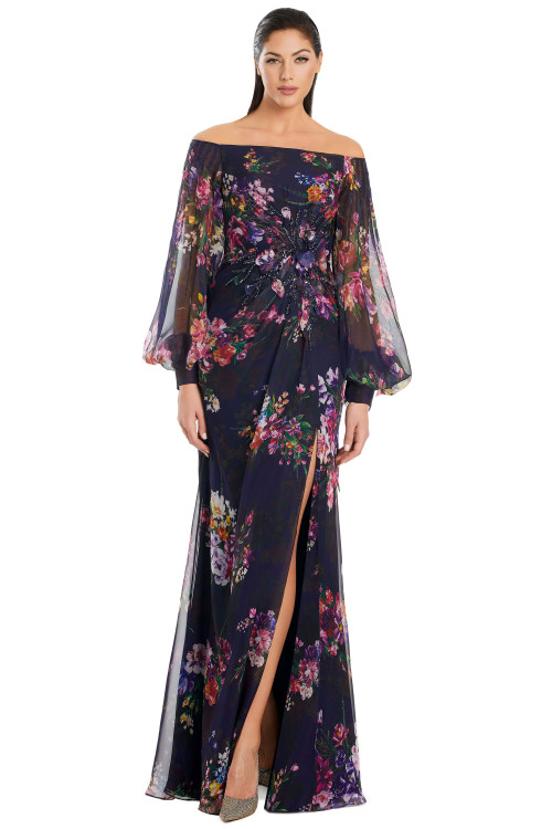 Off-shoulder floral chiffon gown with flowing sleeves and elegant side slit detail. Off-shoulder floral chiffon gown with flowing sleeves and elegant side slit detail.