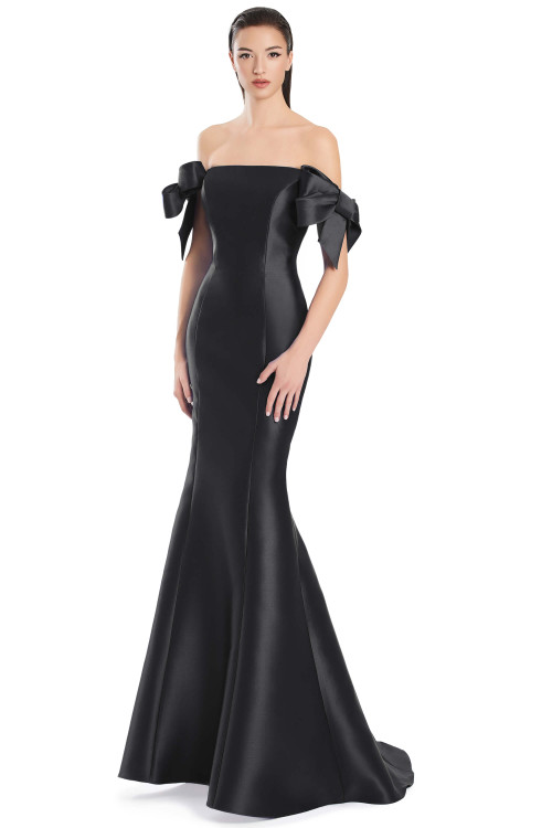Sophisticated front view featuring off-shoulder neckline with delicate bow sleeve accents. Sophisticated front view featuring off-shoulder neckline with delicate bow sleeve accents.