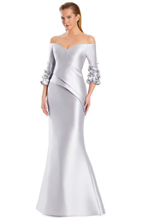 Sophisticated silver-gray version with elegant ruffle sleeve embellishments and mermaid hem.