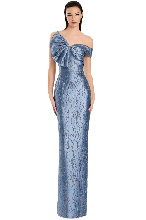 Elegant dusty blue metallic dress featuring romantic off-shoulder design with charming bow accent. Elegant dusty blue metallic dress featuring romantic off-shoulder design with charming bow accent.