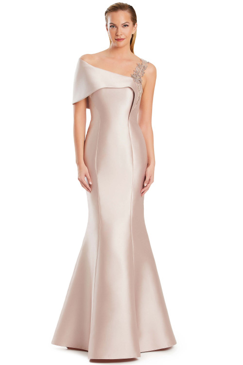Champagne gown with flared skirt and asymmetrical neckline for effortless formal elegance.