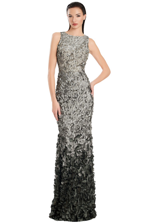 Silver ombré gown with a high neckline bodice and cascading 3D floral appliqués