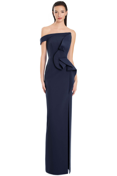 Navy off-shoulder column gown with sculpted ruffle and sleek slit Navy off-shoulder column gown with sculpted ruffle and sleek slit