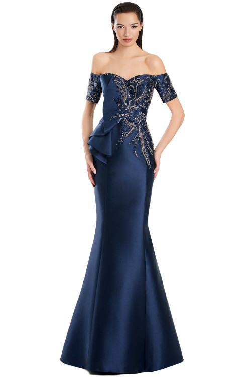 Navy off-shoulder gown with intricate gold embroidery and sculpted side ruffle Navy off-shoulder gown with intricate gold embroidery and sculpted side ruffle
