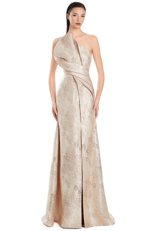 Blush brocade gown with sculpted one-shoulder detail and pleated waist wrap Blush brocade gown with sculpted one-shoulder detail and pleated waist wrap