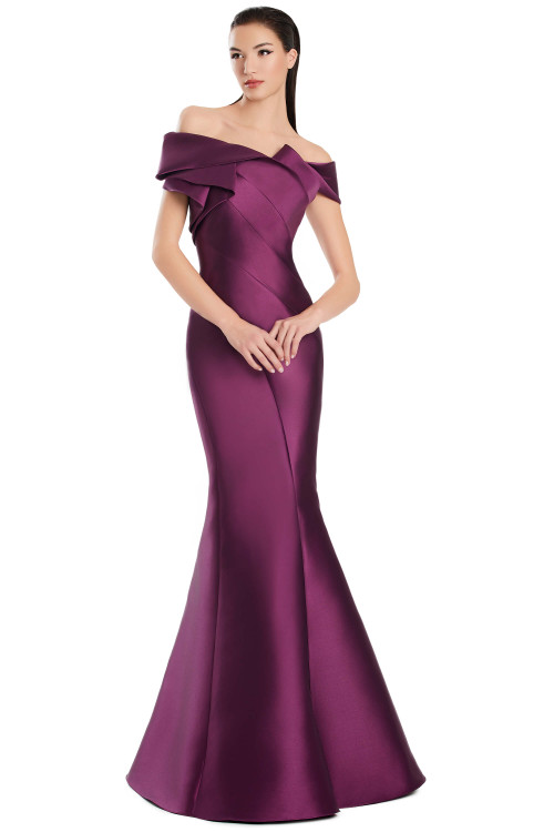 Plum satin gown with off-shoulder pleated bodice and trumpet silhouette Plum satin gown with off-shoulder pleated bodice and trumpet silhouette