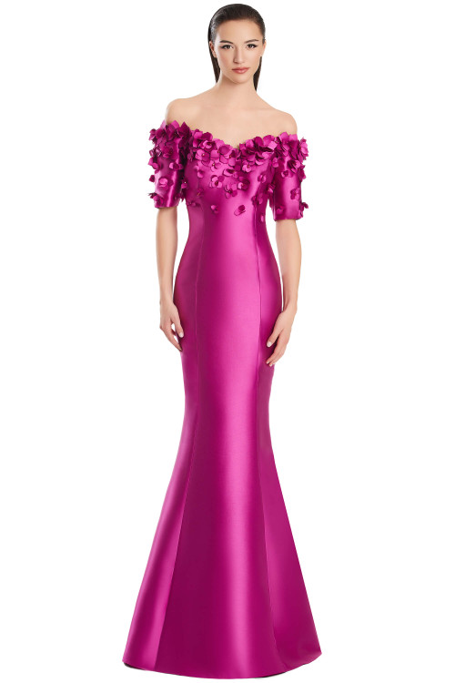 Fuchsia satin gown with off-shoulder neckline and 3D floral appliqués Fuchsia satin gown with off-shoulder neckline and 3D floral appliqués