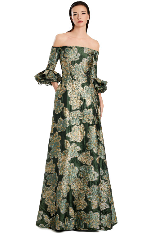 Off-shoulder green gown with gold floral brocade and tiered bell sleeves Off-shoulder green gown with gold floral brocade and tiered bell sleeves