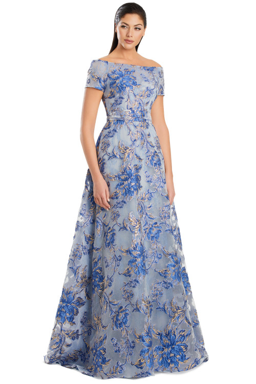 Soft blue gown with royal blue floral embroidery, off-shoulder sleeves, and full A-line skirt Soft blue gown with royal blue floral embroidery, off-shoulder sleeves, and full A-line skirt