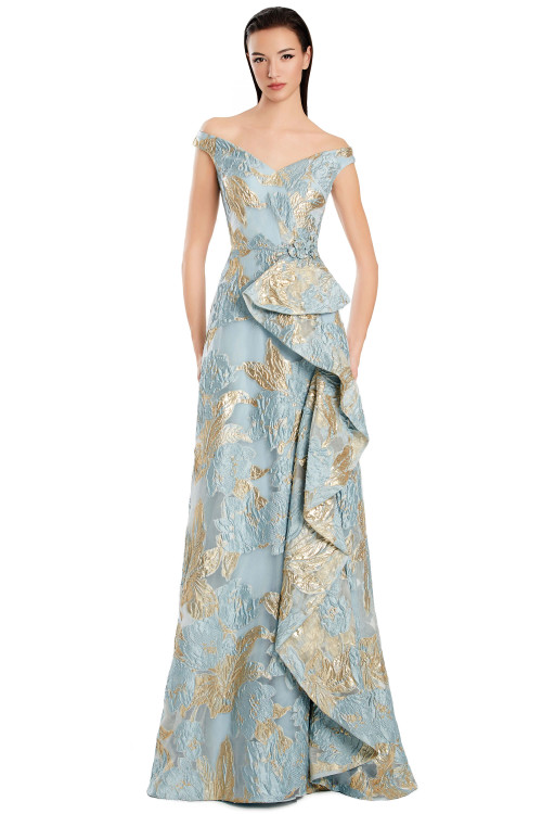Off-shoulder blue A-line gown with gold jacquard florals and cascading side ruffle detail Off-shoulder blue A-line gown with gold jacquard florals and cascading side ruffle detail