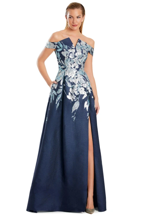 Navy gown with icy silver-blue florals, off-shoulder neckline, and thigh-high slit