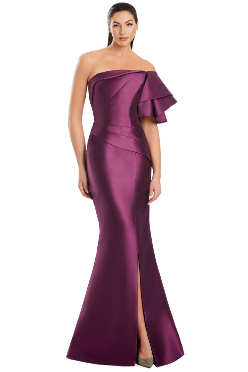 Plum satin gown with asymmetrical neckline, sculpted ruffle sleeve, and front slit Plum satin gown with asymmetrical neckline, sculpted ruffle sleeve, and front slit