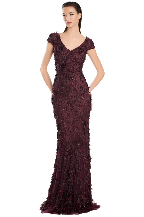 Burgundy gown with V-neckline and 3D floral embroidery on tulle overlay Burgundy gown with V-neckline and 3D floral embroidery on tulle overlay