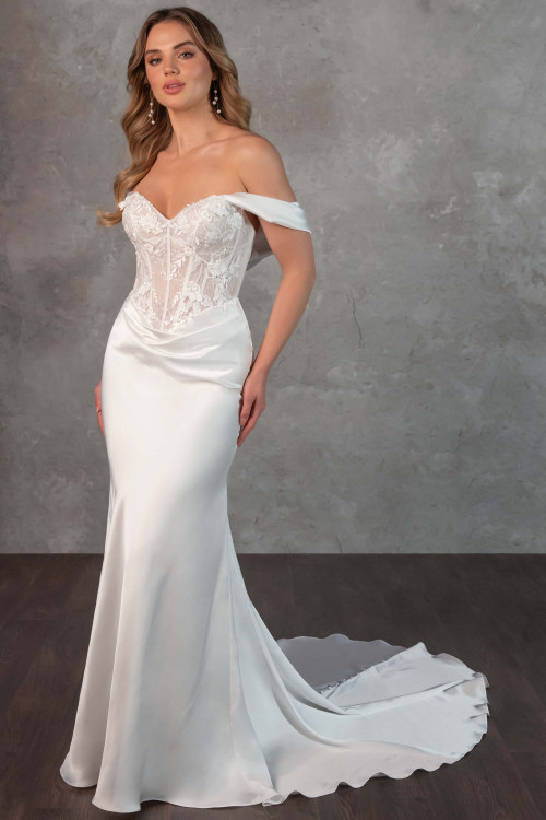 This gown stuns with a sculpted lace bodice, detachable off-shoulder straps, and a sleek fitted silhouette This gown stuns with a sculpted lace bodice, detachable off-shoulder straps, and a sleek fitted silhouette
