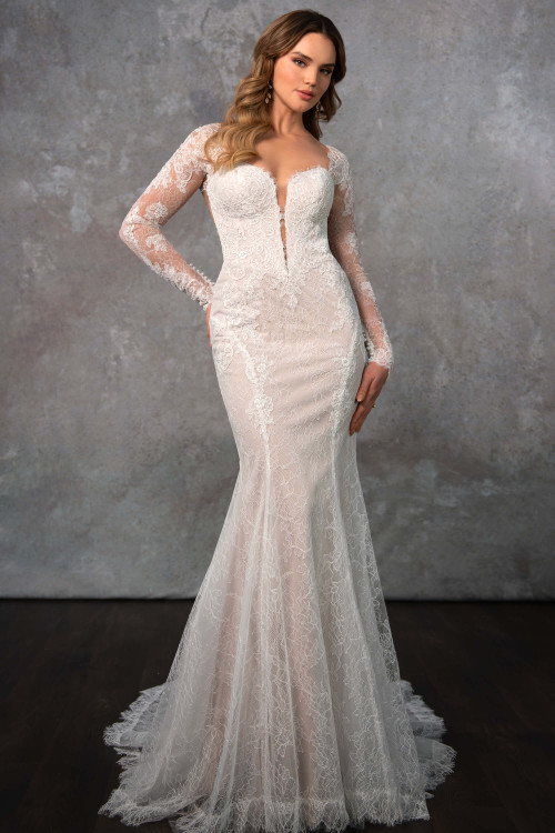 This lace fit-and-flare gown features sheer long sleeves, a plunging neckline, and elegant scalloped hem This lace fit-and-flare gown features sheer long sleeves, a plunging neckline, and elegant scalloped hem