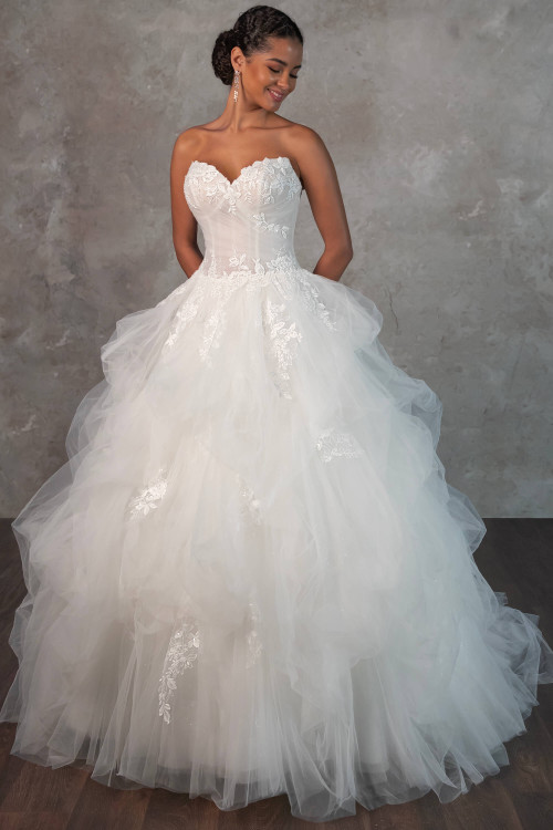 Fit for a fairytale, this strapless ballgown features a sweetheart neckline and cascading tulle ruffles Fit for a fairytale, this strapless ballgown features a sweetheart neckline and cascading tulle ruffles