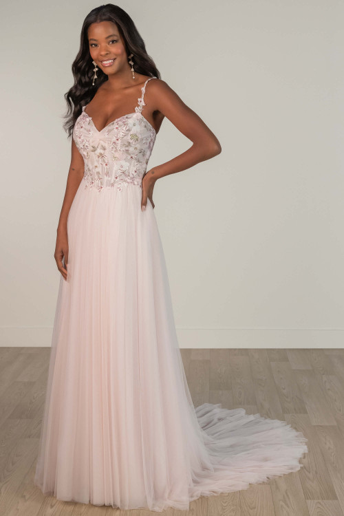 Soft blush tulle gown with floral-embroidered bodice and dainty straps Soft blush tulle gown with floral-embroidered bodice and dainty straps