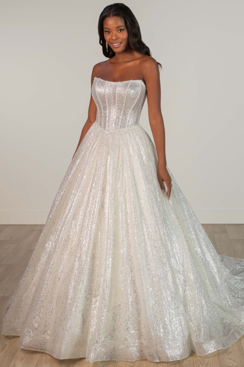 Sparkling ballgown wedding dress with strapless corset bodice and full glitter tulle skirt. Sparkling ballgown wedding dress with strapless corset bodice and full glitter tulle skirt.