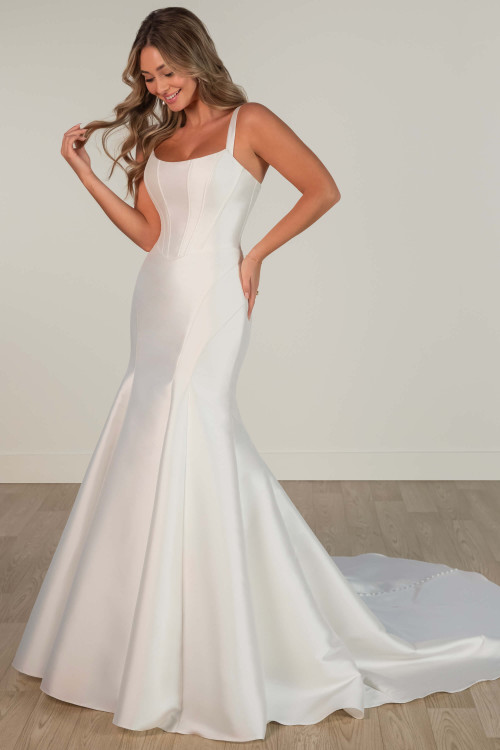 Sculpted mikado fit-and-flare wedding gown with square neckline and elegant seaming Sculpted mikado fit-and-flare wedding gown with square neckline and elegant seaming