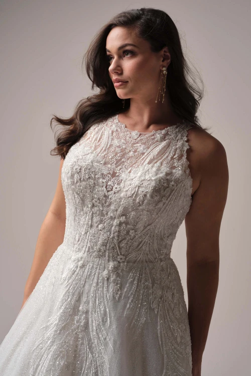 Genevieve dress close-up of elegant halter neckline with intricate beadwork