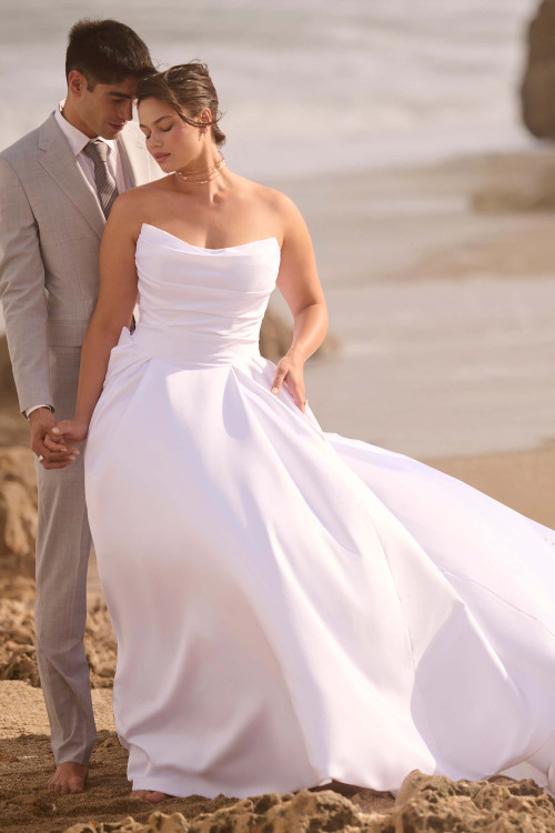 Plus size Maureen classic satin ballgown with asymmetrical ruched bodice and cat eye neckline Plus size Maureen classic satin ballgown with asymmetrical ruched bodice and cat eye neckline