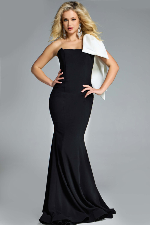 Jovani 41132 black and white mother of the bride gown with one-shoulder neckline and oversized satin bow. Jovani 41132 black and white mother of the bride gown with one-shoulder neckline and oversized satin bow.