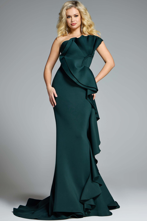 Jovani 42543 hunter green one-shoulder gown with pleated ruffle and cascading side train. Jovani 42543 hunter green one-shoulder gown with pleated ruffle and cascading side train.