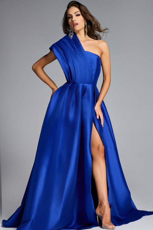 Jovani 43277 royal one-shoulder A-line gown with pleated bodice and high slit. Jovani 43277 royal one-shoulder A-line gown with pleated bodice and high slit.