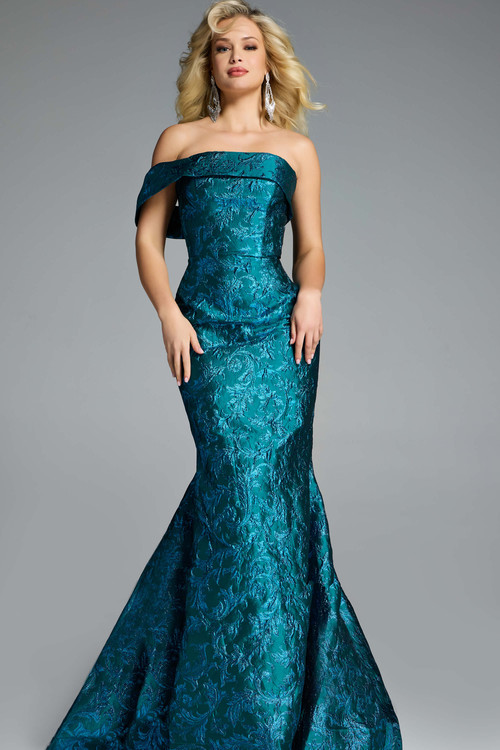 Jovani 43978 off-shoulder mermaid gown with floral brocade and structured neckline. Jovani 43978 off-shoulder mermaid gown with floral brocade and structured neckline.