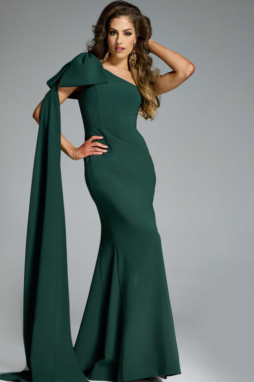 Jovani 44177 one-shoulder fitted gown with dramatic shoulder bow and floor-length drape.