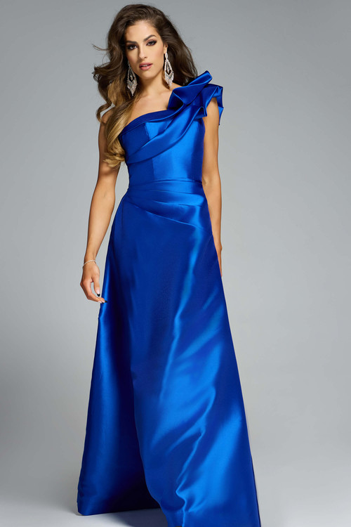 Jovani 44345 royal one-shoulder gown with sculptural ruffle neckline and full A-line satin skirt. Jovani 44345 royal one-shoulder gown with sculptural ruffle neckline and full A-line satin skirt.