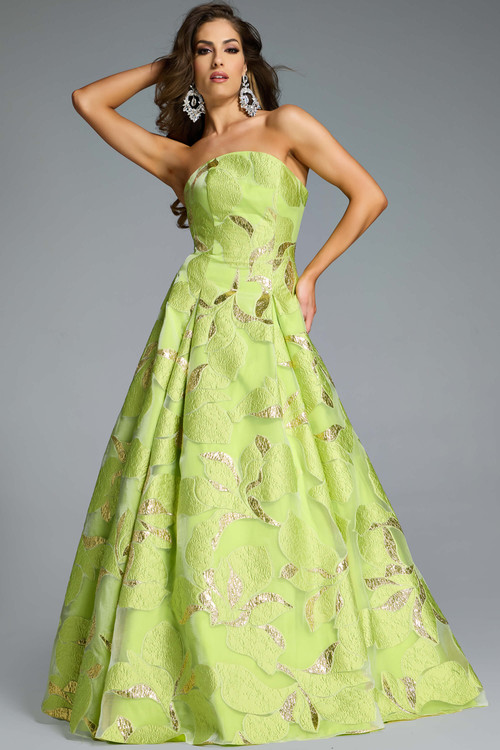 Jovani 44369 mother of the bride gown with strapless neckline and gold floral jacquard in vibrant green Jovani 44369 mother of the bride gown with strapless neckline and gold floral jacquard in vibrant green